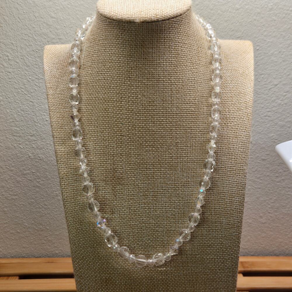 Vintage Clear AB Aurora Borealis Crystal Bead Single Strand Necklace Silver Tone